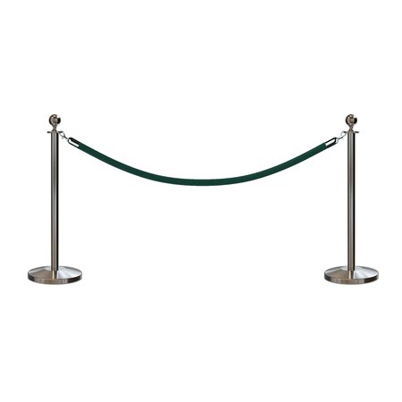 MONTOUR LINE Stanchion Post and Rope Kit Sat.Steel, 2 Ball Top1 Green Rope C-Kit-2-SS-BA-1-PVR-GN-PS